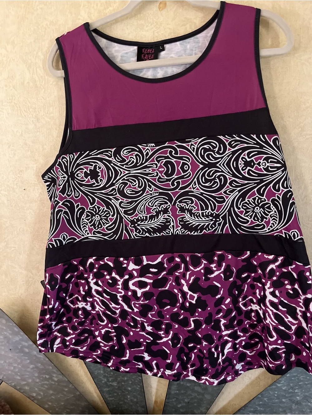 Sleeveless Mixed-Print Blouse in Purple with Black Trim